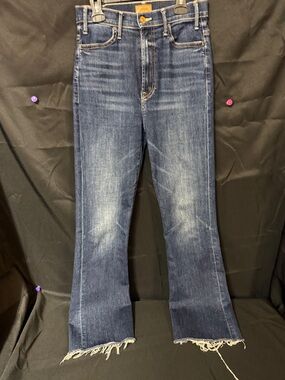 MOTHER Dark Blue “The Hustle Ankle Fray” Jeans with Frayed Hem